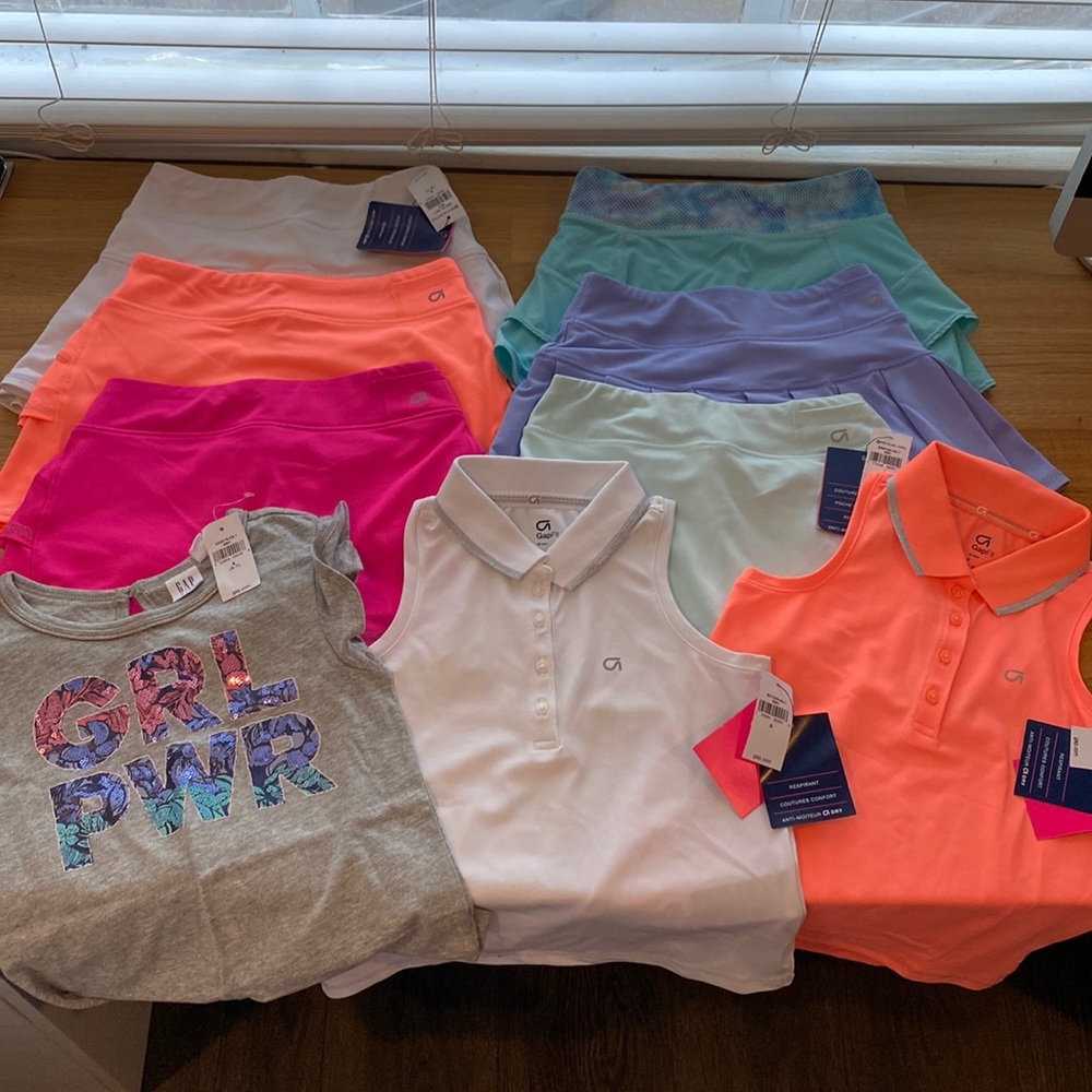 GAP and Athleta - Girls Bundle, 3 Tops, 6 Skorts. Size Small (one skort 6/XS).